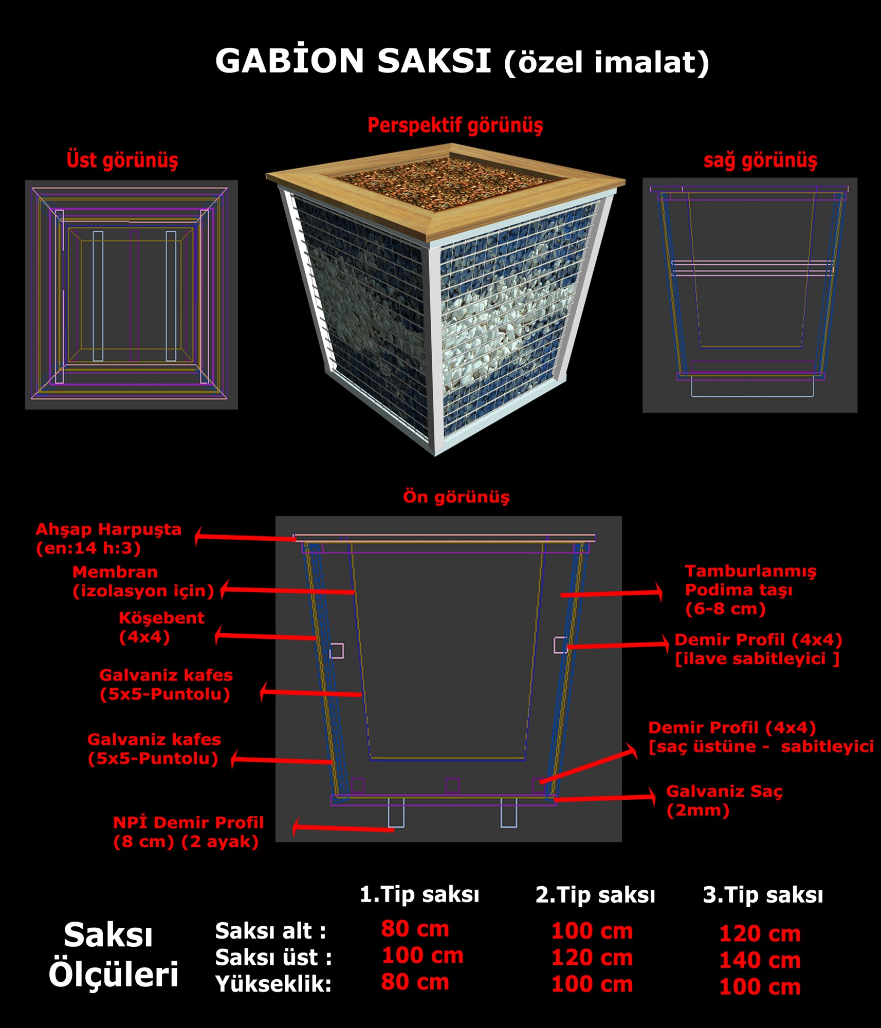 Özel imalat · Gabion saksı tasarımı · Proje · Teknik çizimler ve imalat detayları