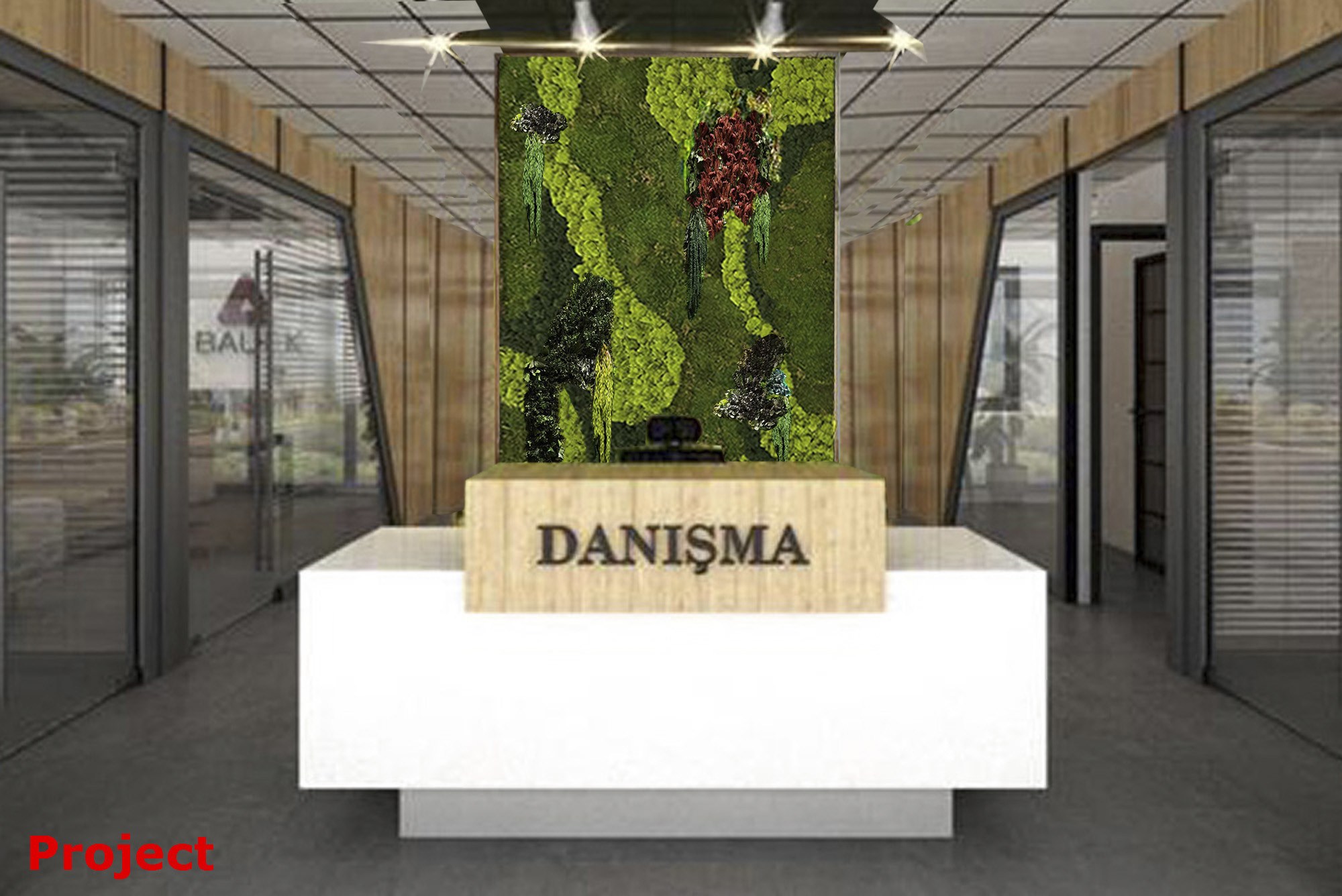 Danışma arkası · Şoklanmış bitki ve yosun duvarı · Proje · Danışma alanı tasarımı