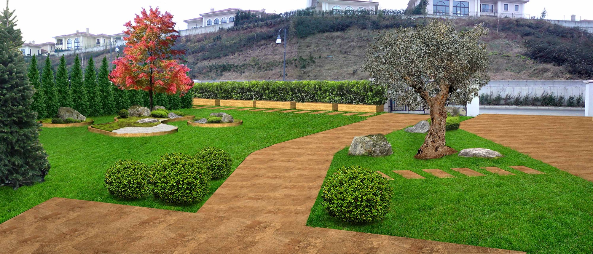Giriş bahçesi · Zeytin ağacı ve bitkisel adalar · Proje · Tasarım önerisi 1
