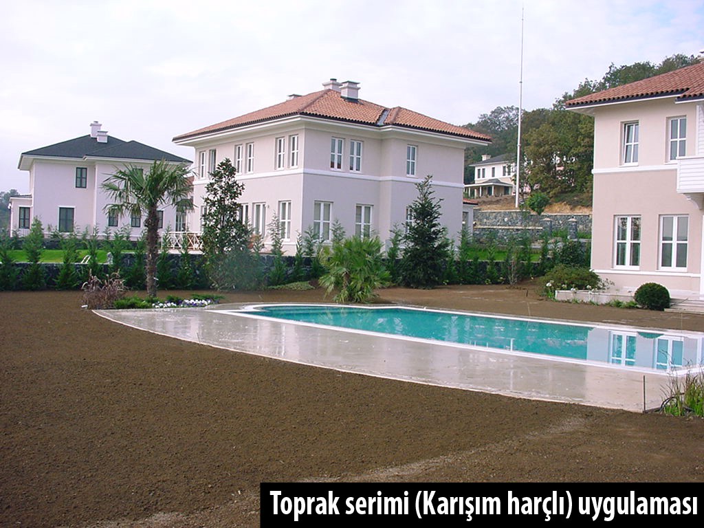 Havuzlu villa · Ana havuz çevresi · Uygulama · Karışım harçlı toprak serimi