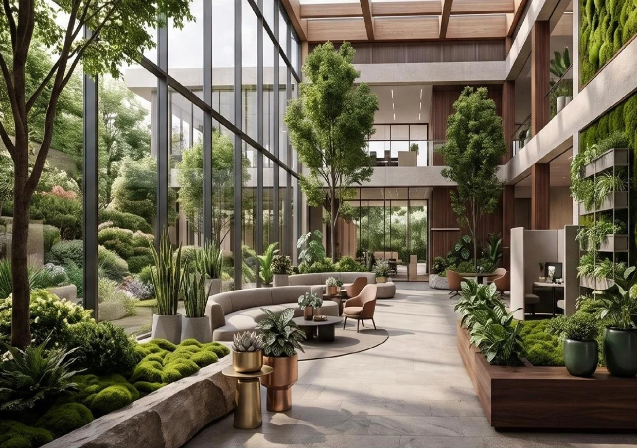 Atrium ve biyofilik ofis peyzajı · Temsili tasarım