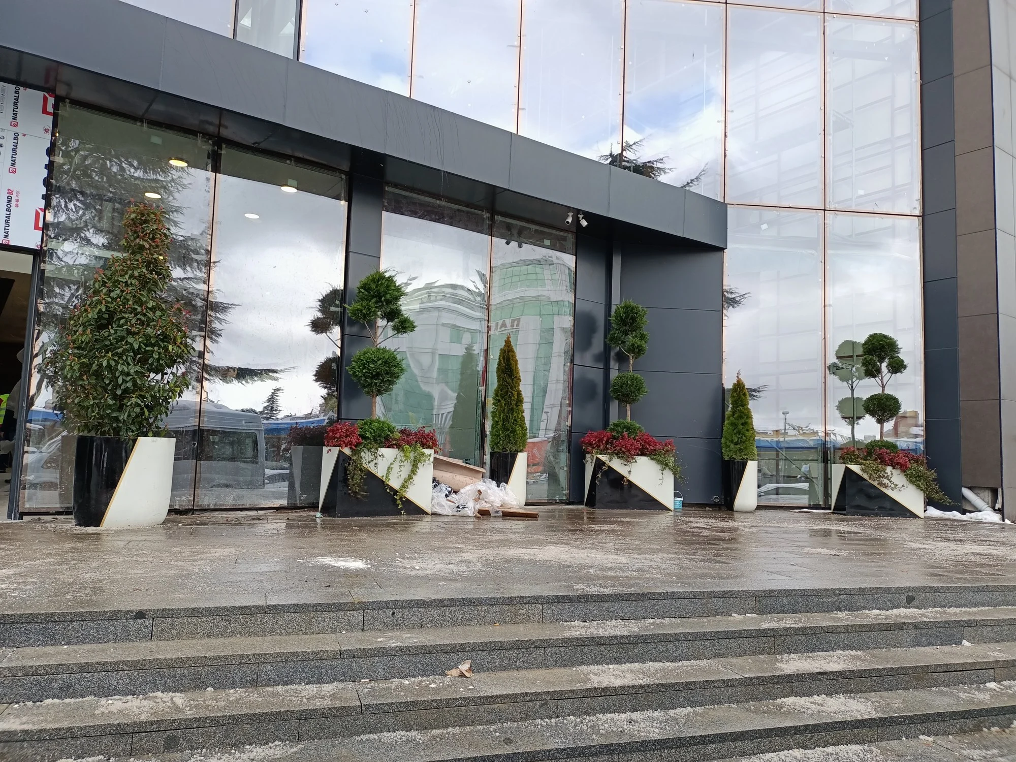 Bina girişi · Uygulama · Saksılı topiary yerleşimi