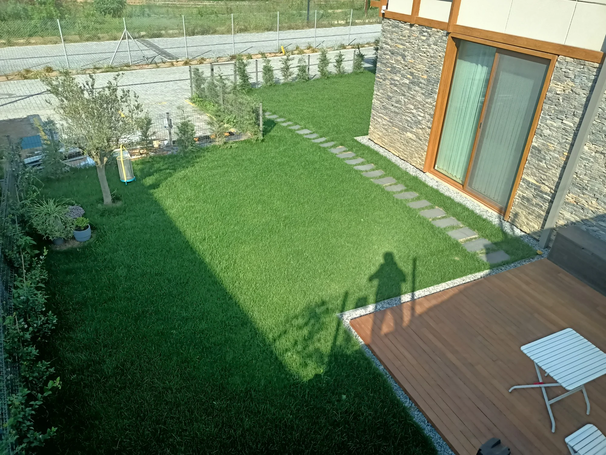 Çim alan, zeytin ağacı ve ahşap teras · Sonrası · Genel görünüm