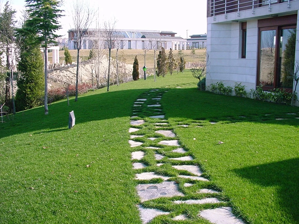 Konut bahçesi · Çim içinde kayrak adım taşları · Sonrası · Adım taşı yolu