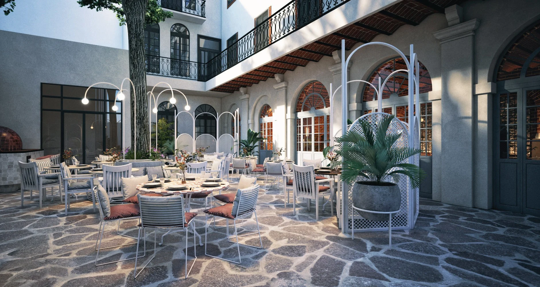 Restoran ve avlu · 3D bitkilendirme projesi · Görünüm 1