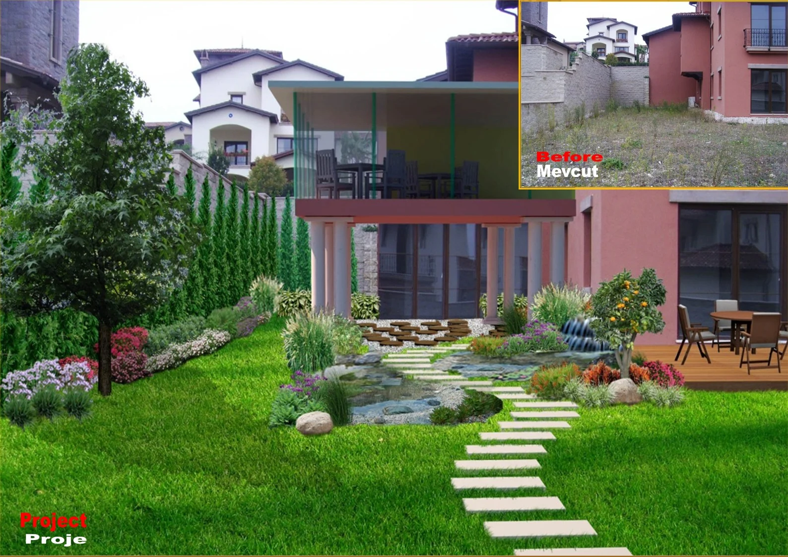 Villa bahçesi · Teras, gölet ve yürüyüş yolu · Öncesi ve Proje · Bahçe tasarım önerisi