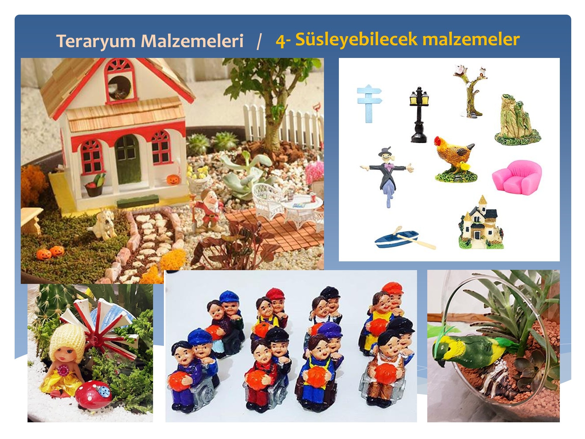 Eğitim sunumu · Malzemeler ve detaylar · Sunum · Minyatür bahçe elemanları
